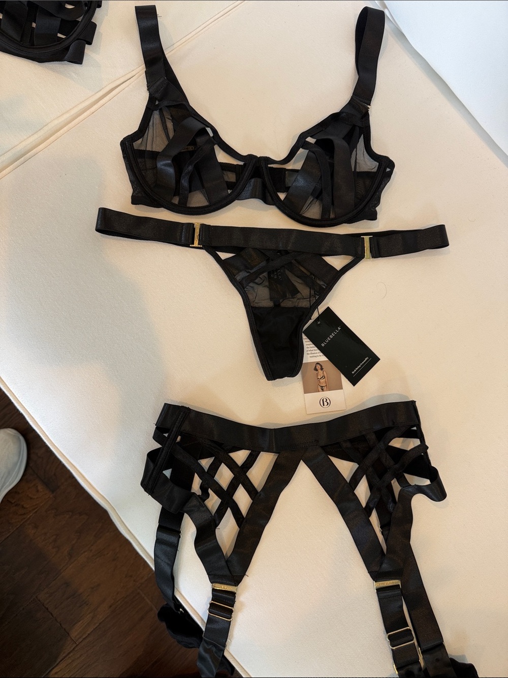 Bluebella Black Strappy Mesh Bra, Thong & Garter Harness